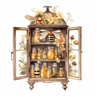 whimsical watercolour clip art curiosity cabinet with glass doors. Bee and honey themed