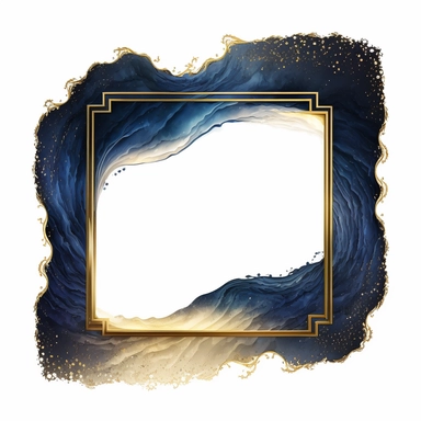 clean Celestial Gold rectangle frame with wavy blue liquid border, dark aesthetic, the evening sky, white background, isolated, watercolor clipart, highly detailed 8k