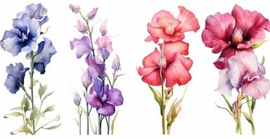Watercolor realistic Hollyhock, iris, morning glory orchid and peony floral cliparts with white background