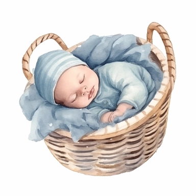 watercolor clipart, minimal, cute newborn baby sleeping in a basket, pastel blue color, white background illustration
