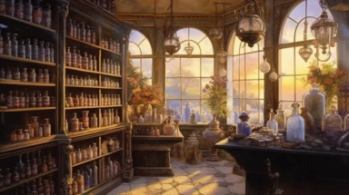 illustration, realistic interior of a vintage 1896 perfumery and pharmacy with some perfume bottle boxes incense boxes, atmospheric sunset lighting, Clipart, watercolor, realistic, full building, highly detailed, hdr, 32K, photo expert quality, watercolor realistic, hyperrealistic and highly detailed