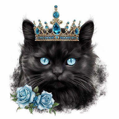 make a clipart of beautiful fairytale black fluffy cat, with a jeweled head crown, with a blue eyes, bright blue roses, white background
