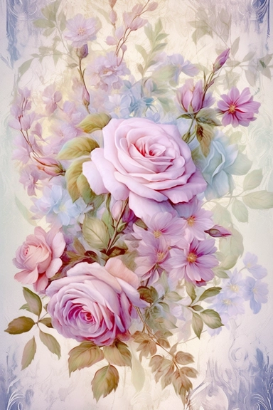 Vintage shabby damask clipart vignette with delicate floral patterns along the sides and corners of the image, small cute bright oil painting vignette with beautiful roses and blooming lilacs, light pastel tones in the center of the image,