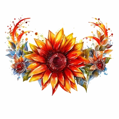a watercolor of a sunflower diadem, cherry academy style, cherry red nuances, vector free clipart illustration, in the style of unreal engine 5, 32k uhd, detailed features, white background