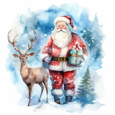 Clipart on blue backgraund red Santa Claus with gift and a Christmas deer in a snowy green forest water color