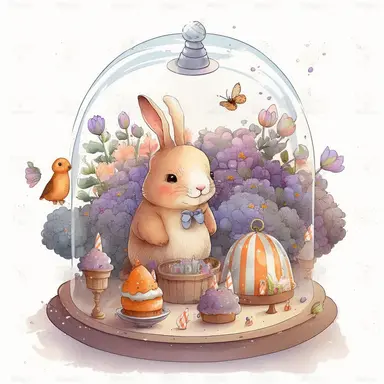 a cute bunny eating a carrot in a glass dome, patterned Easter eggs on a stand, candles and easter muffins, watercolor effect, realistic figures , kids story style, soft colored view , fantastic scene, small colored flowers and lavender , white background , suitable for digital clipart