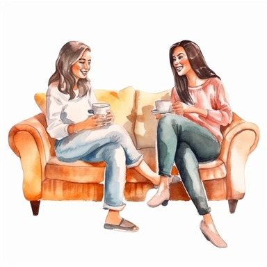 watercolor, Smiling woman friends drinking tea at home Happy females laughing and gossiping sit on comfortable couches isolated. People spending time together having a friendly conversation png Full body realistic cartoon in 32K UHD cute. 15 cm thick outl