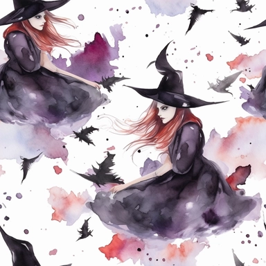 witch on a broom, watercolor clip art, grunge colors, white space, bats flying, 8k