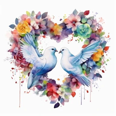 rainbow watercolor clipart of wedding doves kissing inside a floral heart wreath, colored ink illustration, good composition, vector, contour, isolated white background, 26k
