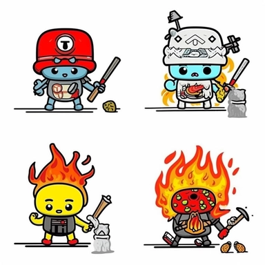/imaginea set of black line clipart inspired by live fire cooking and barbecue and Lego and Funko Pop toys