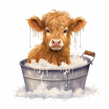highland calf in a wash tub with bubbles, clip art, white background