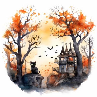 Isolated illustration of a fantasy autumn halloween landscape scene, with cats in the trees, watercolor illustration, high resolution clipart, UHD, 8K, isolated on blank background
