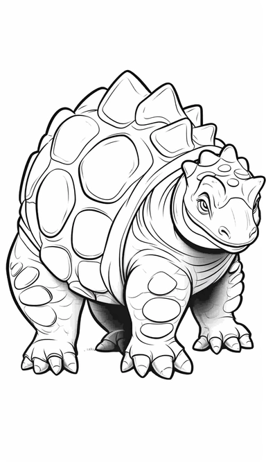 Ankylosaurus, that is clean and simple on a white background, in 2d clipart vector style for adobe illustrator, should express a comic and a cartoon style look, cute and funny, the outer border width must be 4mm, it must be suitable for a coloring book, smooth lines, show full animal with its all body parts in vitali-iakovlev style, single image per page, image should be inside the page, image should not touch the edges of the page