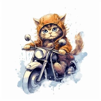 Draw a series of cliparts showing a cat riding a motorcycle through different weather conditions, such as rain or snow. Low detail. White background, soft lighting. In the style of Bob Ross
