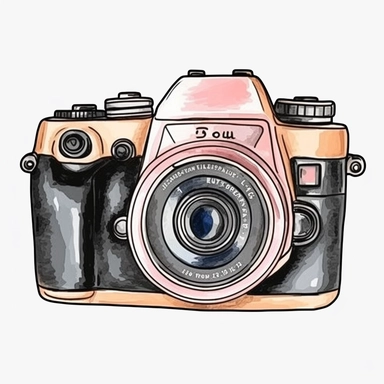 camera illustration clipart, detailed, outline, white background, 4k, watercolor, digital art