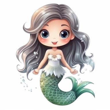 A super-cute Mermaid, Perfect for nursery art and children's book illustration style, simple, cute, full color, clipart, watercolor illustration, single object, high definition 8k, white background for removing background