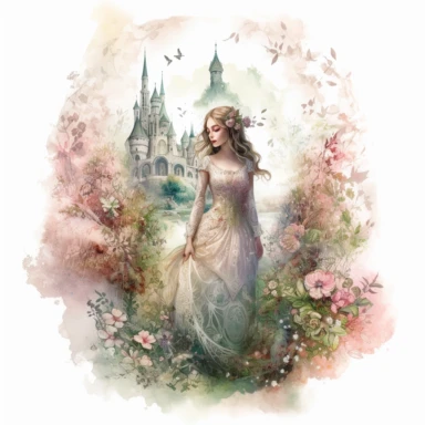 isolated on white illustration watercolor Biochromism art of a beautiful feminine charming princess, white and light pink roses and flowers, a lot of moss and branches, castle, trees, lace and embroidery, masterpiece by Tomasz Alen Kopera style and by Carl Holsoe style and by Hannah Dale style and by Alexander Jansson style, PNG clipart, isolated on white, white background, extreme photorealistic details, 32k HD resolution, realistic high detailization high resolution