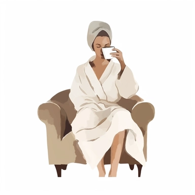 a watercolor sticker of a woman drinking tea in her bathrobe. Clipart. Neutral beige faded color palette. White background. Artistic illustration. Minimal. Hand-drawn.
