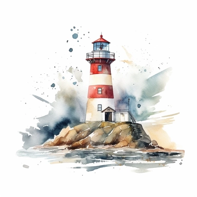 lighthouse watercolor clipart on the coast, white background