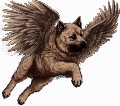 bA flying caucasian dog with big wings outstretched for logo design, vector clip art illustration free download, grim realism style, Fang Lijun, cartoon realism, dark white and brown, uhd image, mural and mural, engraved line