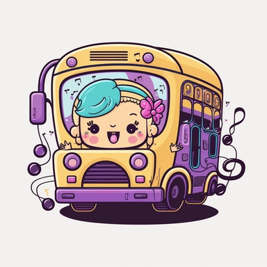musical school bus, clipart style, vector, logo, cute, golden, purple, teal, pink, lite blue, picture book style, children's lesson book, captivating, kid friendly cute character, black and white, coloring book style, cartoon style, vector image, simple, line art style, character, white background