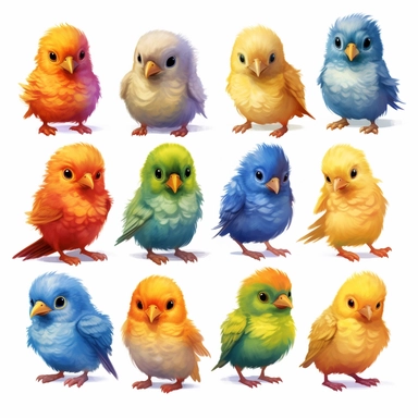 Baby tropical birds, clipart illustration, photorealistic, oil paint, happy, beautiful, vibrant colors, cute, ultra detailed, on white background - - no cut off