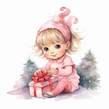 Cute little baby fairy girl with Christmas tree opening gifts pink Christmas watercolor Clipart