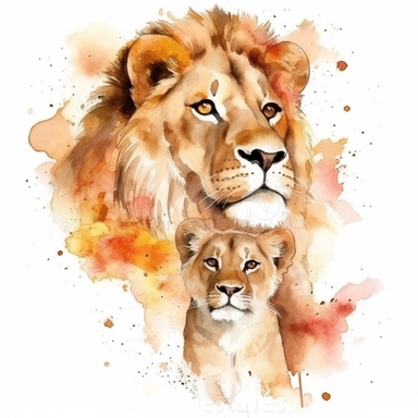 family, baby, lion and lioness,Watercolor Clipart high quality, white background , lion and lioness, cute, love