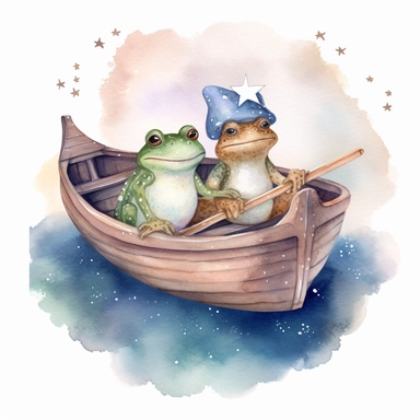 cute Cottagecore frog and toad in a boat on a pond with celestial accents, Clipart, watercolor, white background with margins