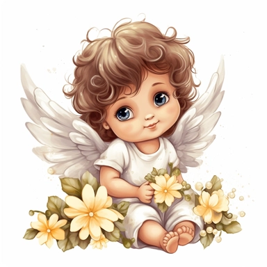 Cute baby angel clipart with flower, white background
