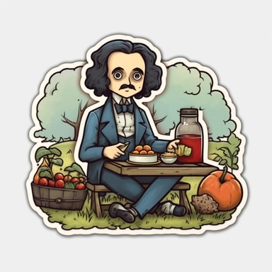 whimsical, cute, cartoon, clipart, edgar allen poe having a picnic, sticker