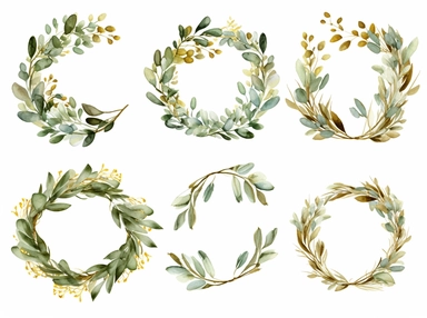 eucalyptus wreath with gold leaf and white frame free clipart vectors, in the style of light green and gray, light green and amber