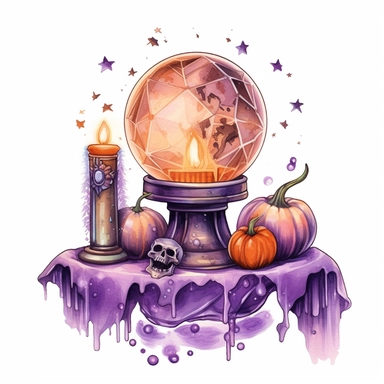 hand drawn glowing crystal ball sitting on a table with crystals, tarot cards, a wand, candles and a pumpkin, Halloween, purple and orange shades,fantasy, glamorous, , clipart style, detailed and realistic, watercolor, white background with margins