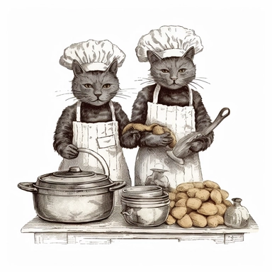 vintage cute cats baking, wearing clothes, in the style of edward gorey, clipart, white background