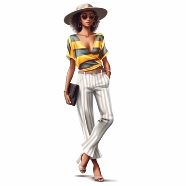 realistic illustration of Fashion-forward African American woman: Illustrate a clipart of a stylish African American woman wearing fashionable clothing and accessories. Showcase her confidence and individuality through her outfit and pose. clipart, isolated on white background, 4K