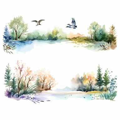 watercolor hunting scene in forest or fields with lake in vicinity where bird flocks take off in numbers , illustrations clipart set, simple, , cartoon elements ,different variants , natural elements, separate elements with a margin, ,4k, high resolution,