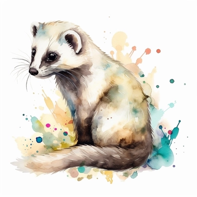 Woodland ferret watercolor clipart, nursery decor, white background, Cute, full body, distinctive features