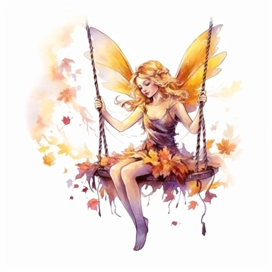 beautiful watercolor clipart painting of A magical fairy in the style of Disney movies in orange pink purple fantasy style sitting on a swing made of ropes and yellow leaves Her gaze shifts to the side and up