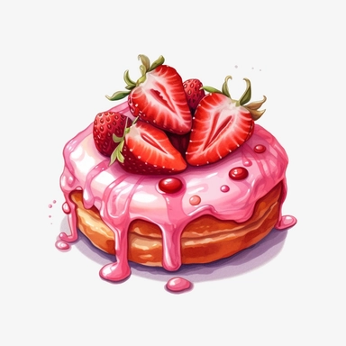 watercolor, strawberry drizzle donut, detailed, sticker, clipart, white background