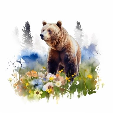 detailed watercolor clipart, photography style, beautiful bear, in a meadow, HDR, spring floral,self shadow, white background