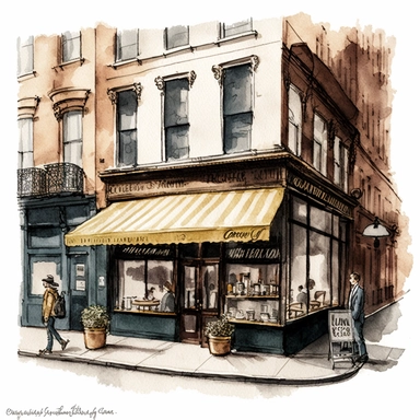 watercolor iamge of outside of a coffee shop in downtown New York clipart, no water mark