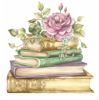 stacked books digital art, watercolor hand drawn clip art, coloured pencil, clip art, clipart, watercolor, clipart,, in the style of intricate, delicate flower and garden paintings, classical motifs and themes, light magenta and light green, embossed gold leaf, ferrania p30, adventure themed, english major