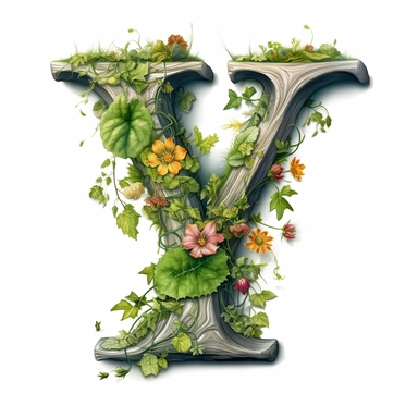 vintage letter Y Made Of Tree with vines wrapped around, flowers. moss clings to, illustration clipart, high detailed, white background, digital art