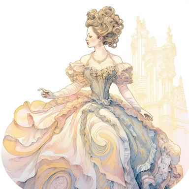 vintage style Detailed light and shadow, 2D outline, A beautifully patterned neo rococo Victorian baroque hyper realistic woman in 17th-centrury regal queen white french court victoria costume ball gown in varying hues of pale pink, blue and yellow, stunningly beautiful, refined and sophisticated, Hand drawn, cicely mary barker ,realistic watercolor, Clipart, emotionally pleasing watercolor, i can't believe how beatiful this is,accurate detailed line art, white background, intricate detail, clea