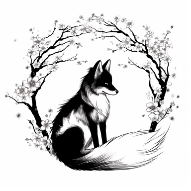 black and white fox with black and white cherry blossom clipart