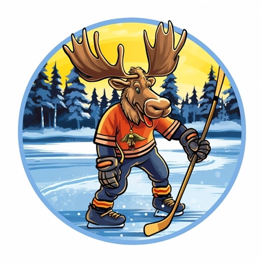 Showcasing a cartoon Moose playing hockey on a frozen lake. The design should capture the Moose's comical nature and incorporate a popular Canadian sport. The artwork can be lively and humorous, with the Moose wearing a hockey jersey and holding a hockey stick.r, that can be used as a sticker, colorful, highly detailed, white background, style of pixar clipart, white background,--no cut off edges