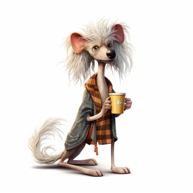 a very skinny dog with frizzed out hair, holding a mug of coffee, tired, pajamas, perfect placement of tail, pixar style, full body image, clipart, white background