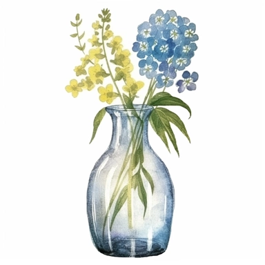 Design a dreamy watercolor clipart of Provence-inspired Hydrangeas, delphiniums, and chamomile flowers in a glass vase composition, hand-painted with soft and graceful brushstrokes. Draw inspiration from the artistic finesse of Ethereal Petals Watercolors for a refined and ethereal depiction. isolated on a white background, hand-drawn illustration, hand-painted watercolor texture, 16k UHD resolution, intricately detailed, sharp focal points, designed by Ana Victoria Calderon and Holly Exley, i c