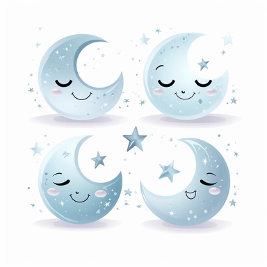 beautiful smiling moon symbols in white, pale blue and silver, white background, vector-style, clipart collection
