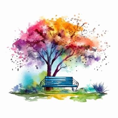 clipart, isolated on white background, Watercolor Spring beautiful ornated metal bench under the tree, flowers and grass and plants, ornated, vivid and vibrant and saturated colors